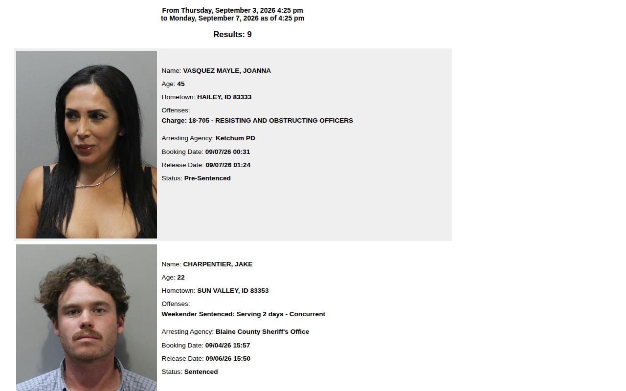 Blaine County recent arrests feed interface