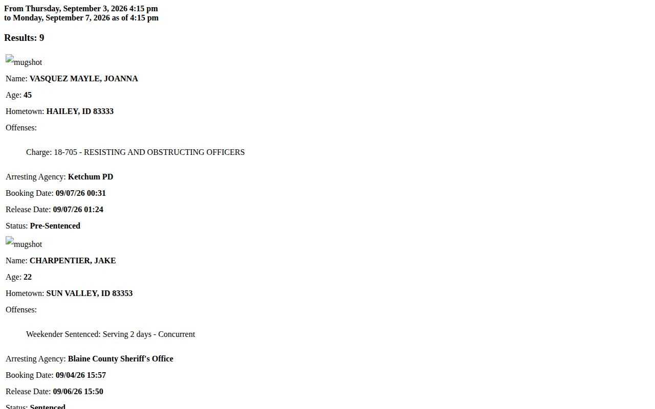 Older numbered Blaine County arrest report feed interface