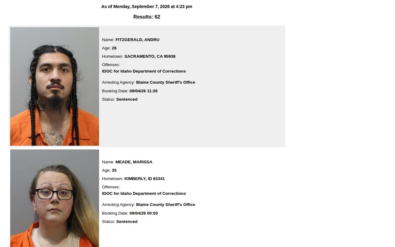 Blaine County Sheriff detention roster interface with as-of time and booking fields