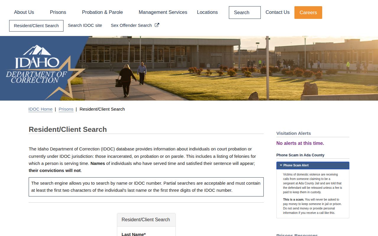 IDOC resident and client record search fields for people transferred from Blaine County