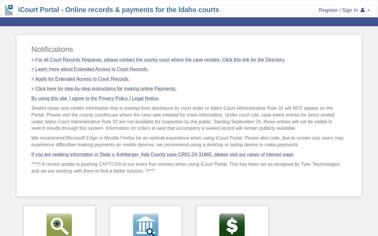 Idaho iCourt public portal used for Blaine County case and party searches