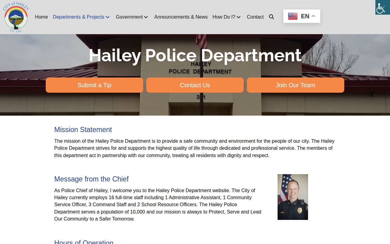 Hailey Police Department official webpage with department contact information
