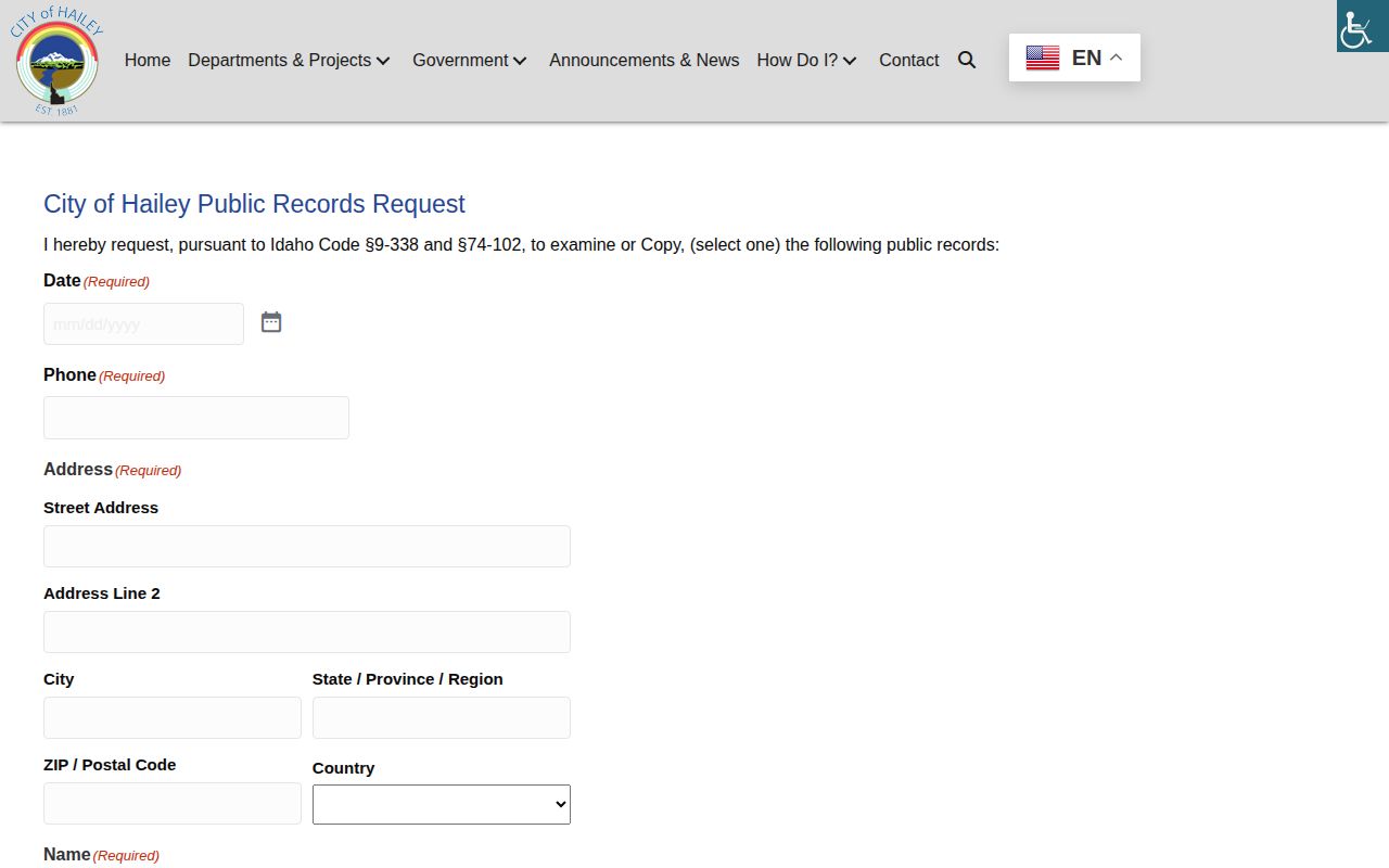 Hailey public records request webpage and form instructions