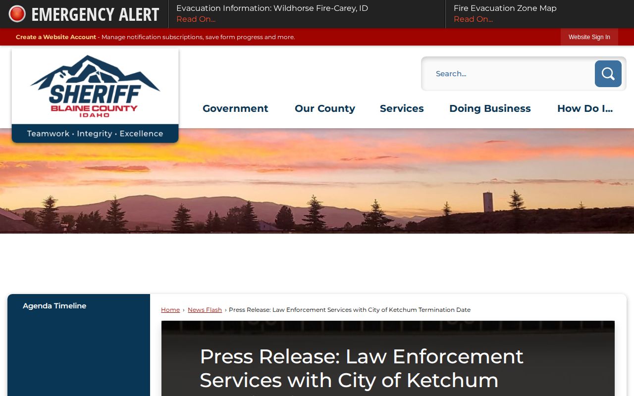 Blaine County notice about the transition from sheriff contract service to Ketchum Police Department