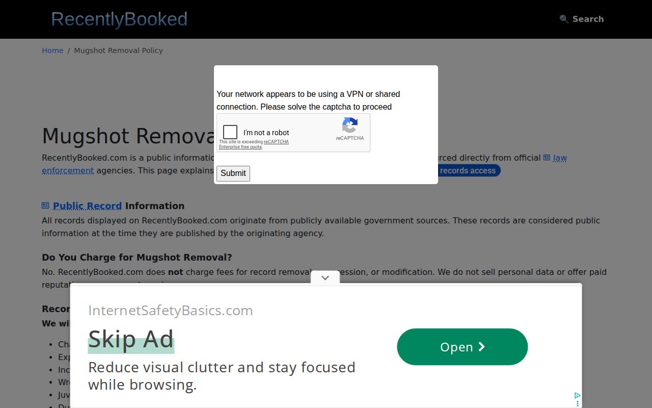 Unofficial RecentlyBooked correction policy for copied Blaine County booking records